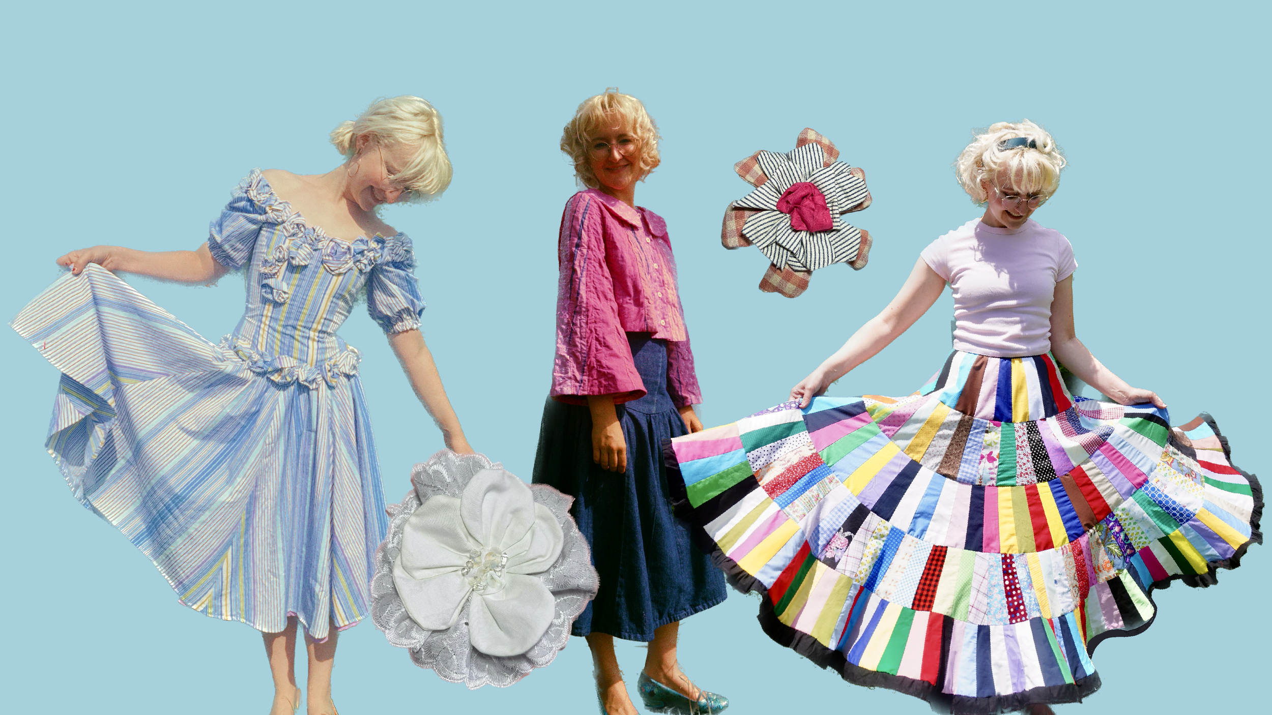 Three women are standing in front of a light blue background, holding up a colorful patchwork skirt and various fabric accessories, wearing vintage-style clothing and glasses, smiling and looking down or at the camera.