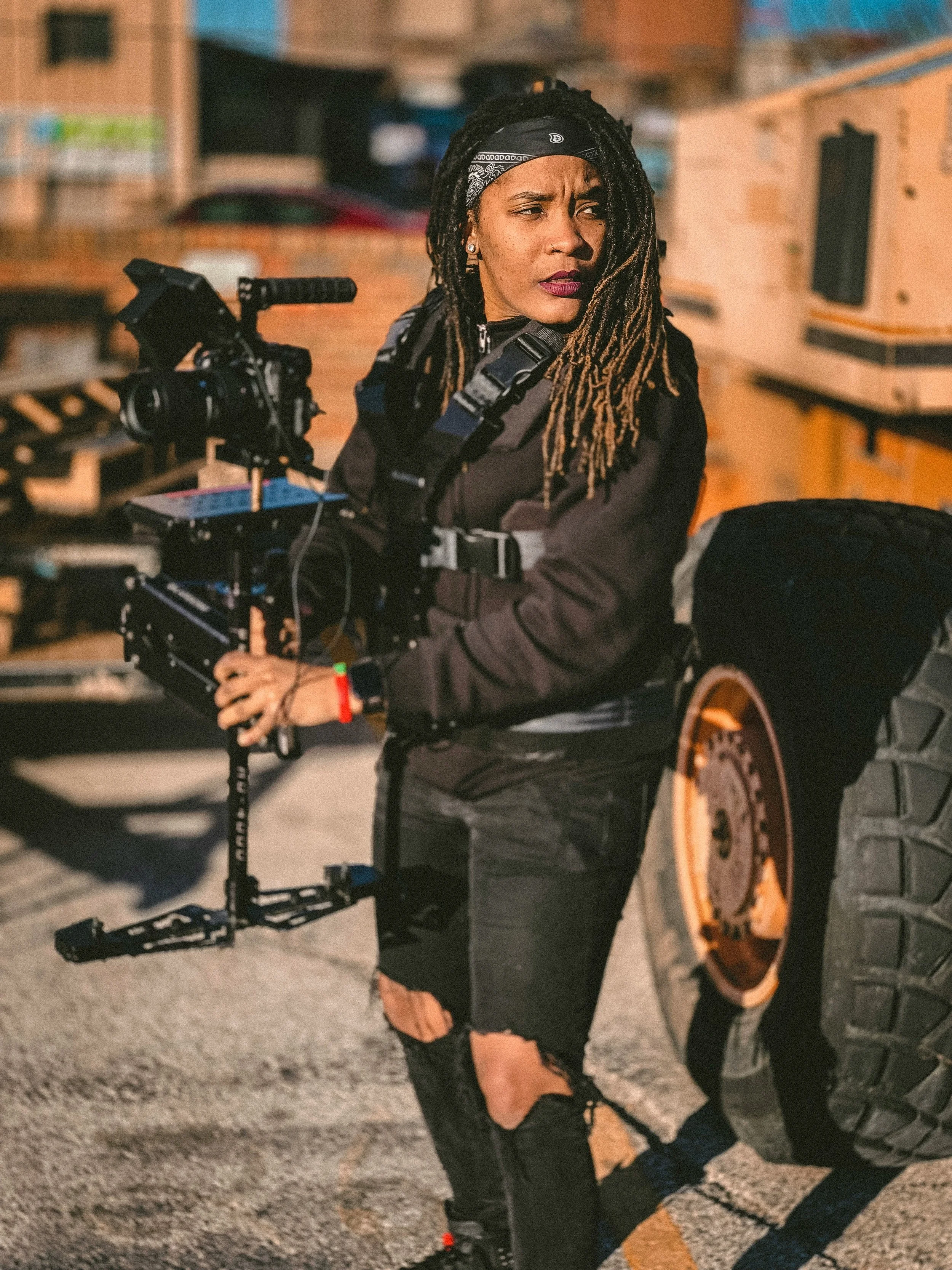 A woman with dreadlocks and a bandana holding a camera rig, standing near a large truck in an industrial area.