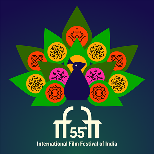 A stylized peacock with colorful feathers featuring various geometric and symbolic patterns, representing the 55th International Film Festival of India.