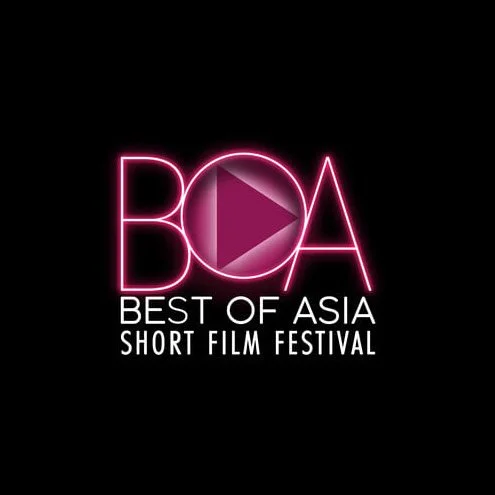 Logo for the Best of Asia Short Film Festival featuring neon pink 'BOA' letters with a play button in the center and white text below.