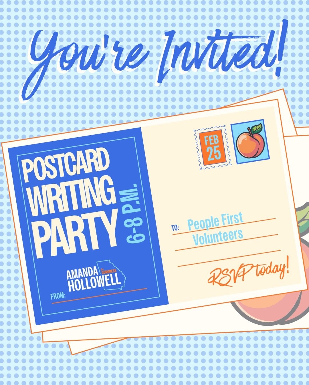 🔔 TOMORROW, Feb. 25 | Postcard Writing Party | The 5 Spot Sandfly | 6-8 p.m.

THURSDAY, Feb. 26 | Phone Bank | Virtual | 6-8 p.m.

THIS WEEKEND, Feb. 28 + Mar. 1 | Door Knock (Canvass) | Savannah | SAT 10:30-2 p.m. and SUN 1-4:30

SIGN UP via the 🔗