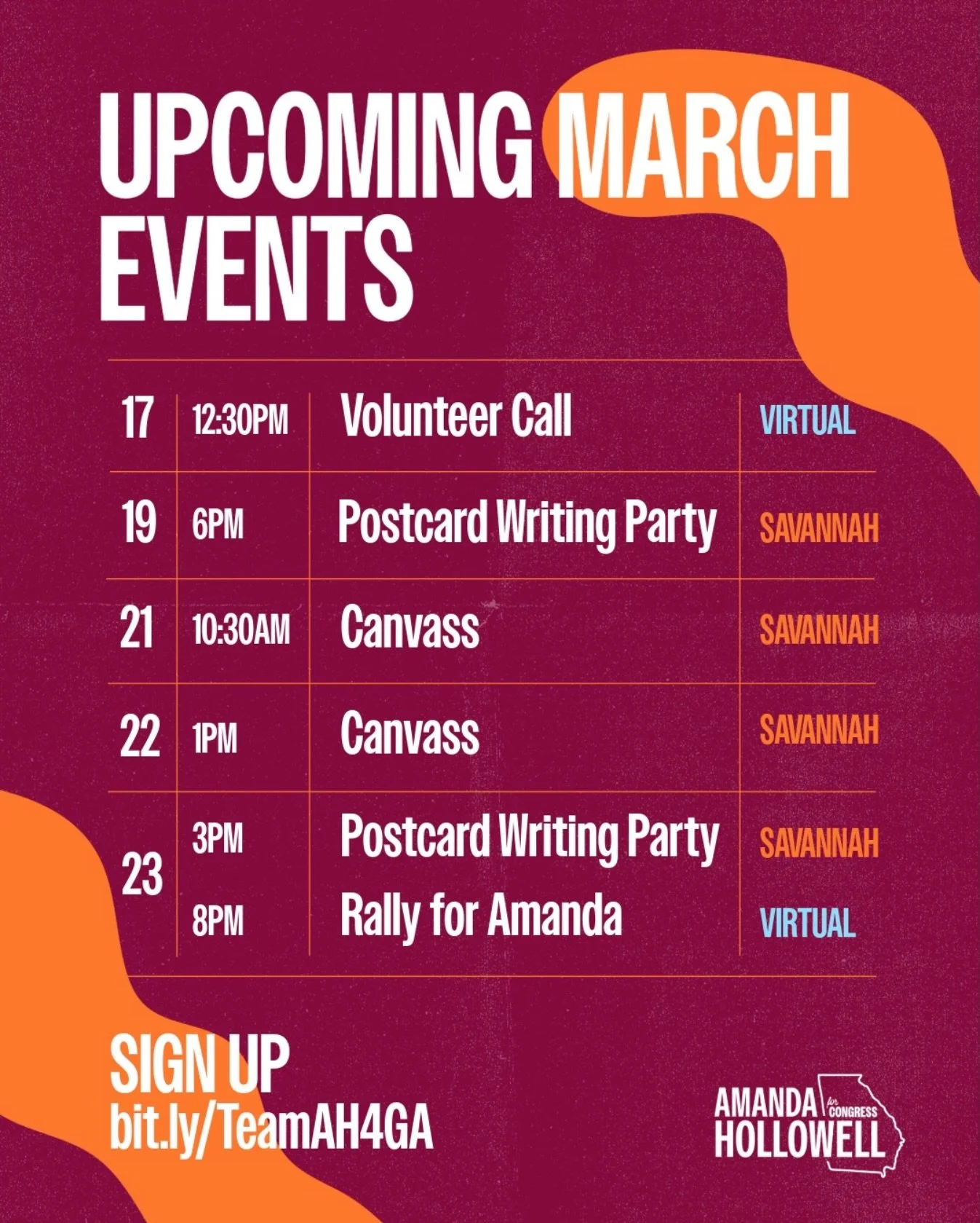 Calling our supporters! 🫵 We have a number of campaign-led events and volunteer opportunities this week. Most are in Savannah, but we will be adding regularly occurring events across the District soon! See all events listed here: amanda-for-ga.solid