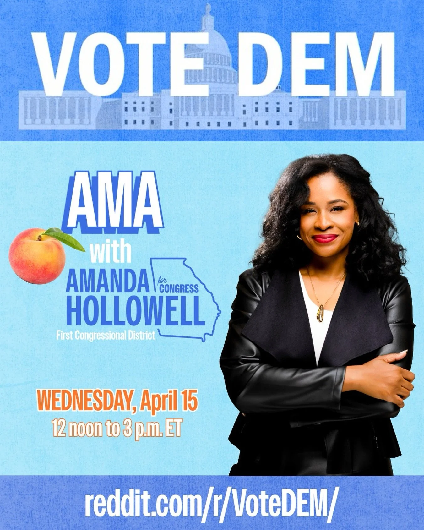 Join me tomorrow on Reddit for an &ldquo;Ask Me Anything&rdquo; with Vote DEM at 12 p.m. ET. For the first time in 30 years, we can flip Georgia&rsquo;s First Congressional District (Savannah and the GA Coast)! 🍑 https://www.reddit.com/r/VoteDEM/