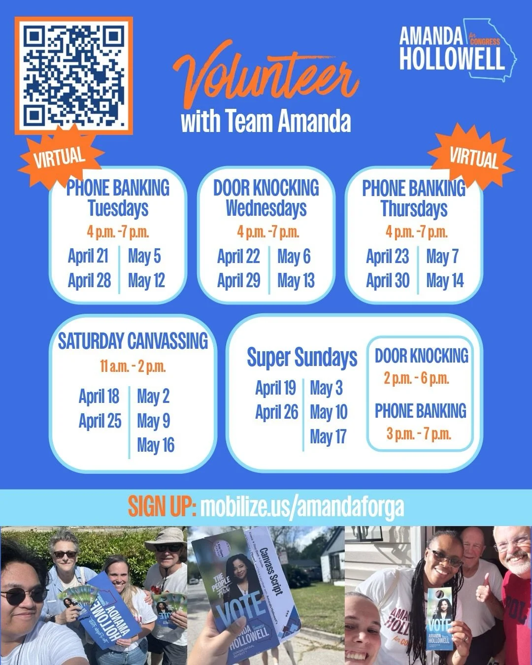 📣 Calling all supporters whether you live in Georgia&rsquo;s First or outside it! Our volunteer schedule is subject to change, and door knocking is weather permitting, with more locations to come. We need your help to reach voters ahead of the May 1