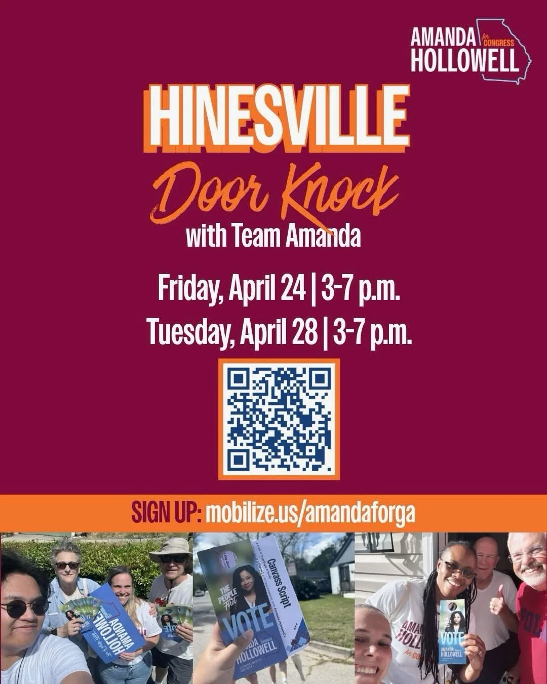 More opportunities, more places! Visit mobilize.us/amandaforga or scan the QR codes to sign up for Amanda for 🍑 events.

🚪Hinesville and Brunswick - Door Knock with Team Amanda

🤝 Tybee Island and Jesup - Meet and Greet Amanda

🪧Savannah - Sign W