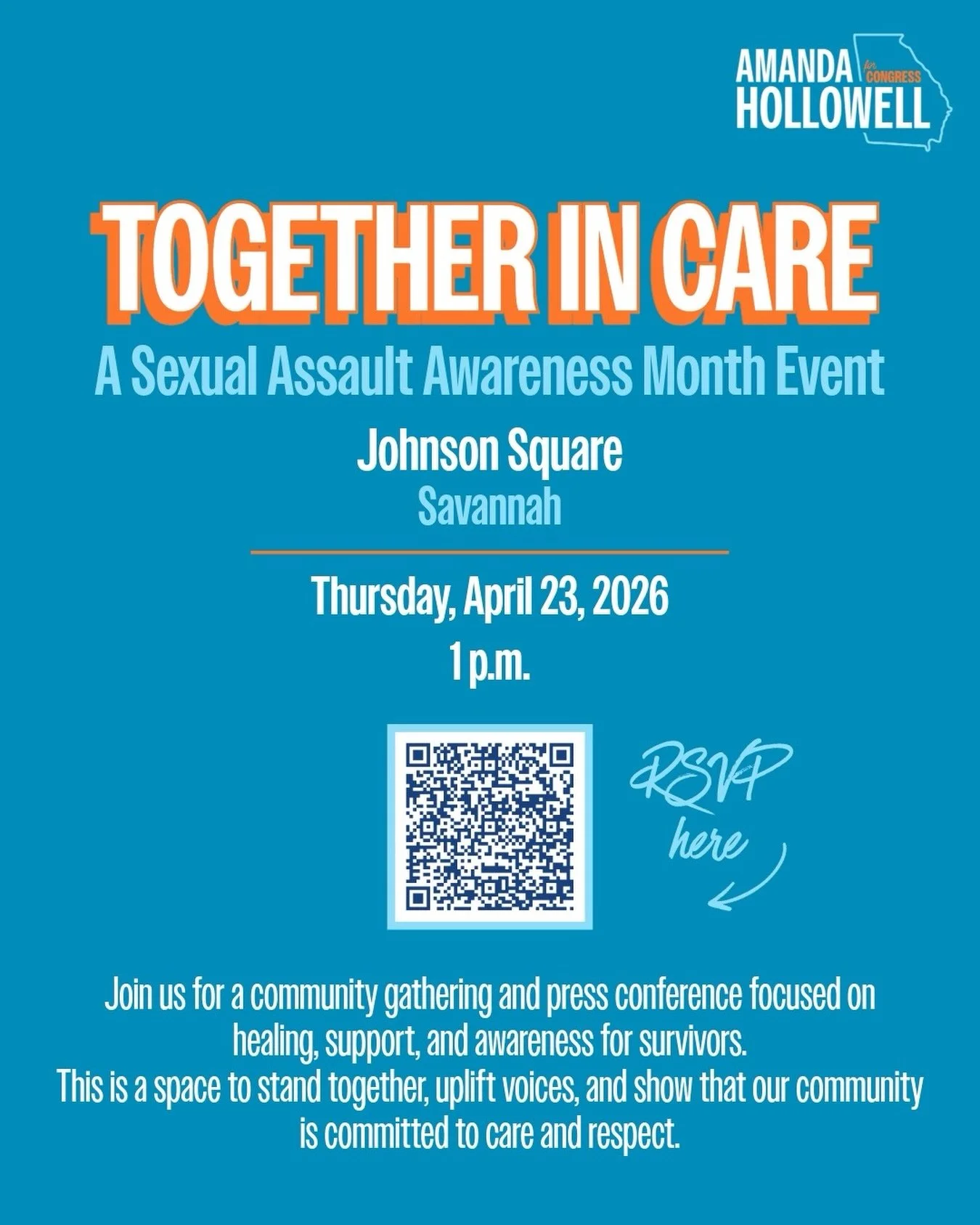 Join us for Together in Care: A Sexual Assault Awareness Month Event THIS THURSDAY, April 23, 2026 at 1 p.m. at Johnson Square in Savannah. Together in Care is a community gathering and press conference focused on healing, support, and awareness for 