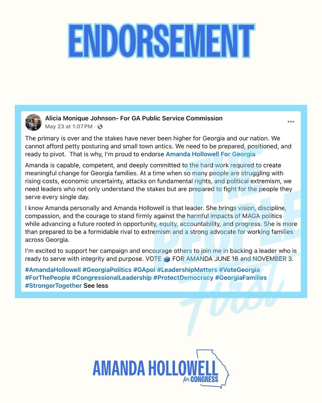 This endorsement means a lot to me because it comes from someone who has not only believed in this campaign, but believed in me for years. Through different seasons of life, hard conversations, strategy sessions, encouragement, and showing up when it