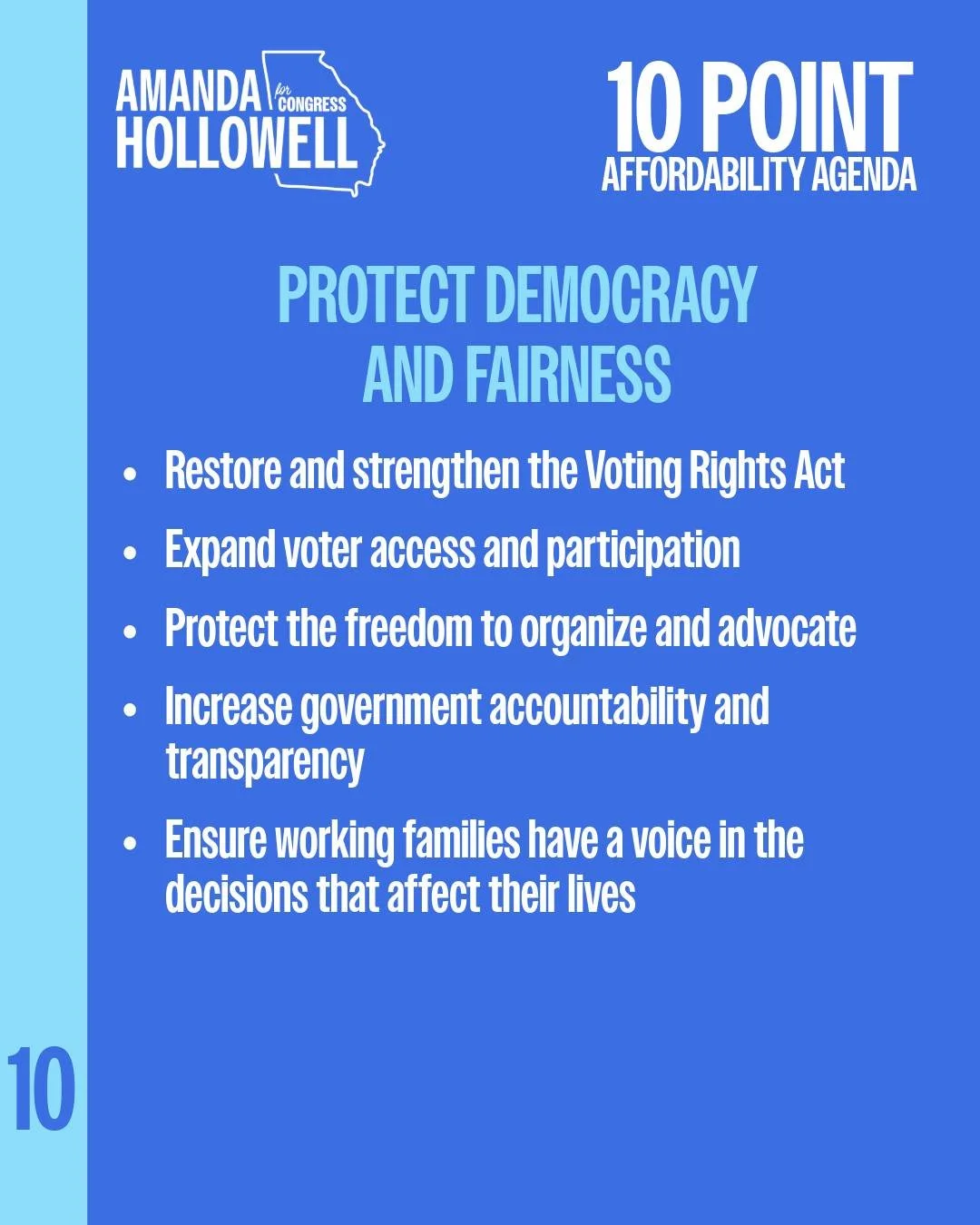 I believe voting rights and affordability go hand in hand. Every major economic decision, from healthcare costs and housing policy to wages, childcare, and disaster recovery, is made by elected officials. When working people face barriers to voting, 