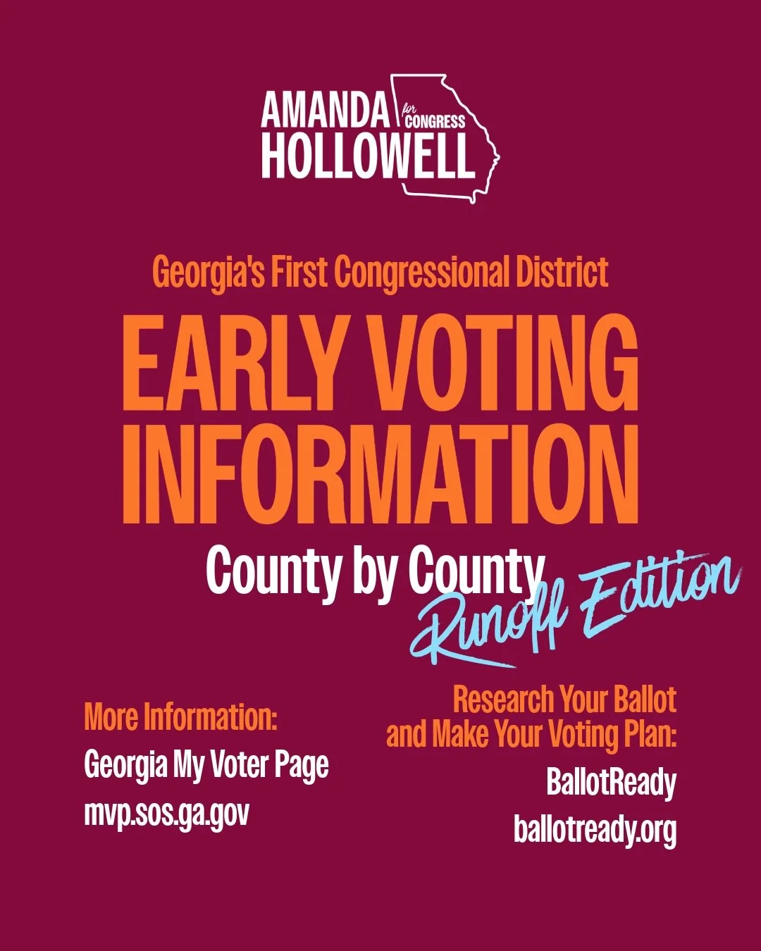 TOMORROW is the last day to vote early in the June 16th Runoff!

Keep scrolling for county-by-county early voting information and find out where drop boxes are located. Camden County voters: Tomorrow, the Annex is open an extra thirty minutes, from 8