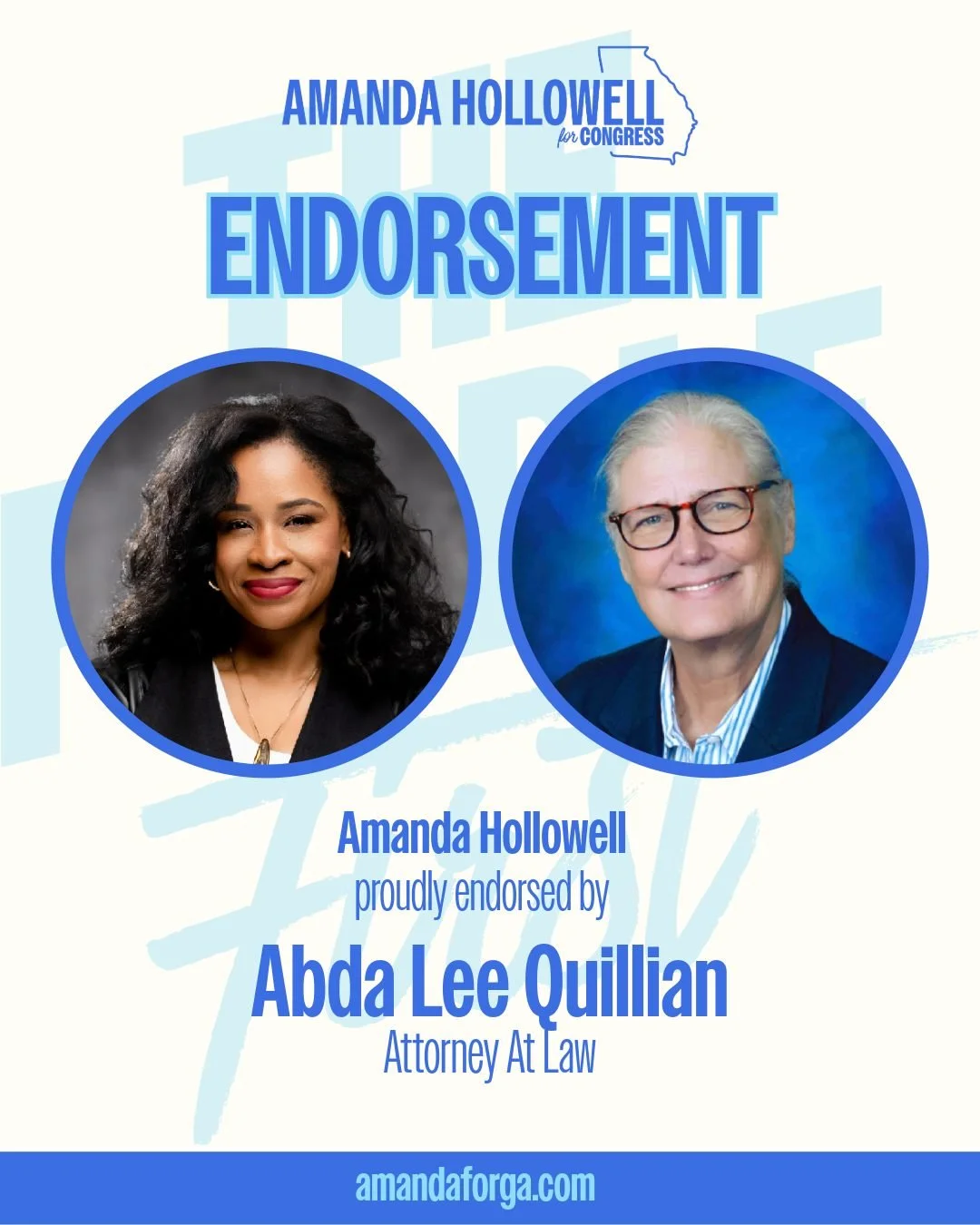I am grateful to have the support of Attorney Abda Lee Quillian.

What stood out to me most was her reason for supporting this campaign: her granddaughters. Every child deserves to see leaders who reflect the possibilities of their future and who wil