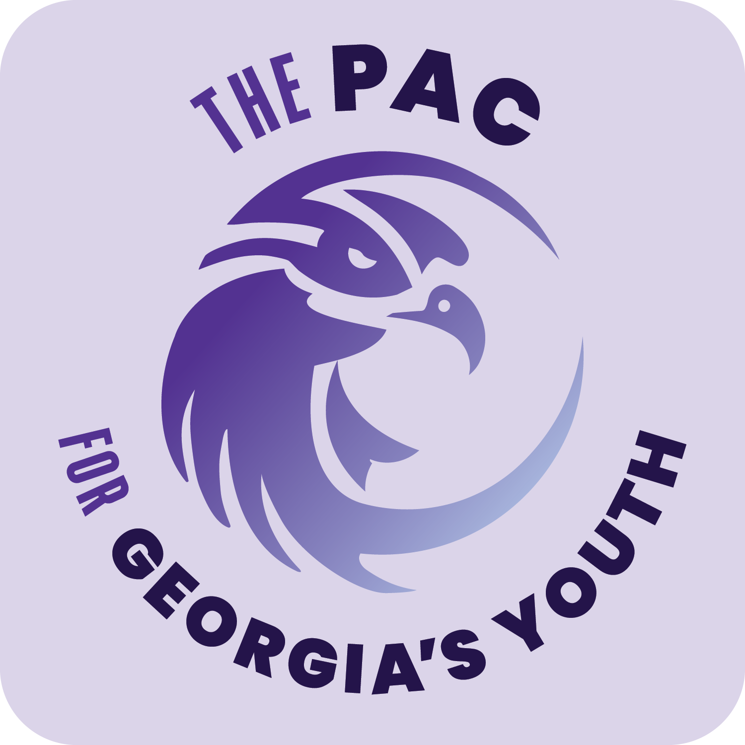 A logo with a stylized bird, possibly a toucan, in shades of purple, surrounded by text that reads "The PAC for Georgia's Youth".
