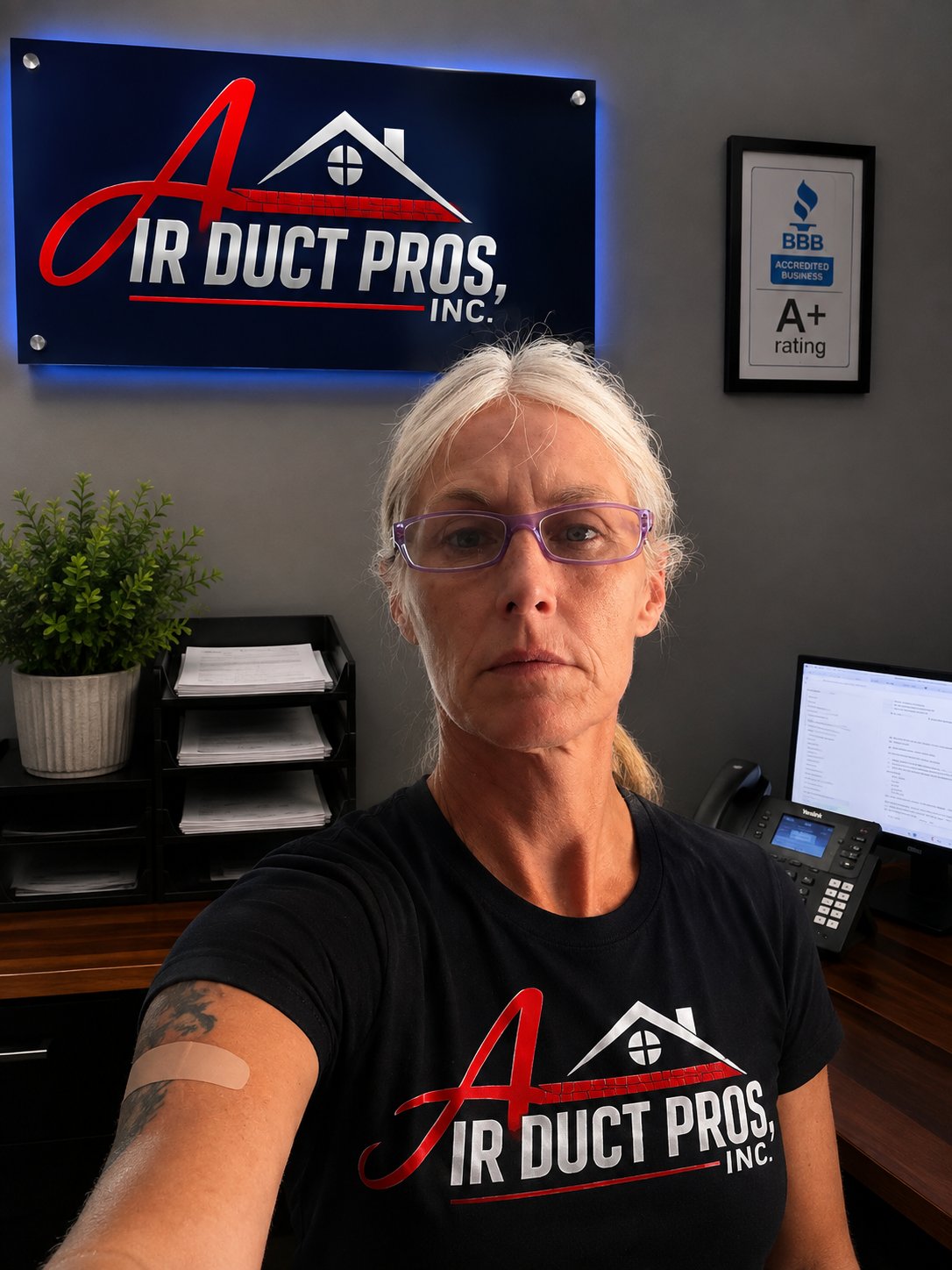 Melissa Warfield, co-owner of Air Duct Pros, Inc., in the company office helping customers schedule residential air duct and dryer vent cleaning services..