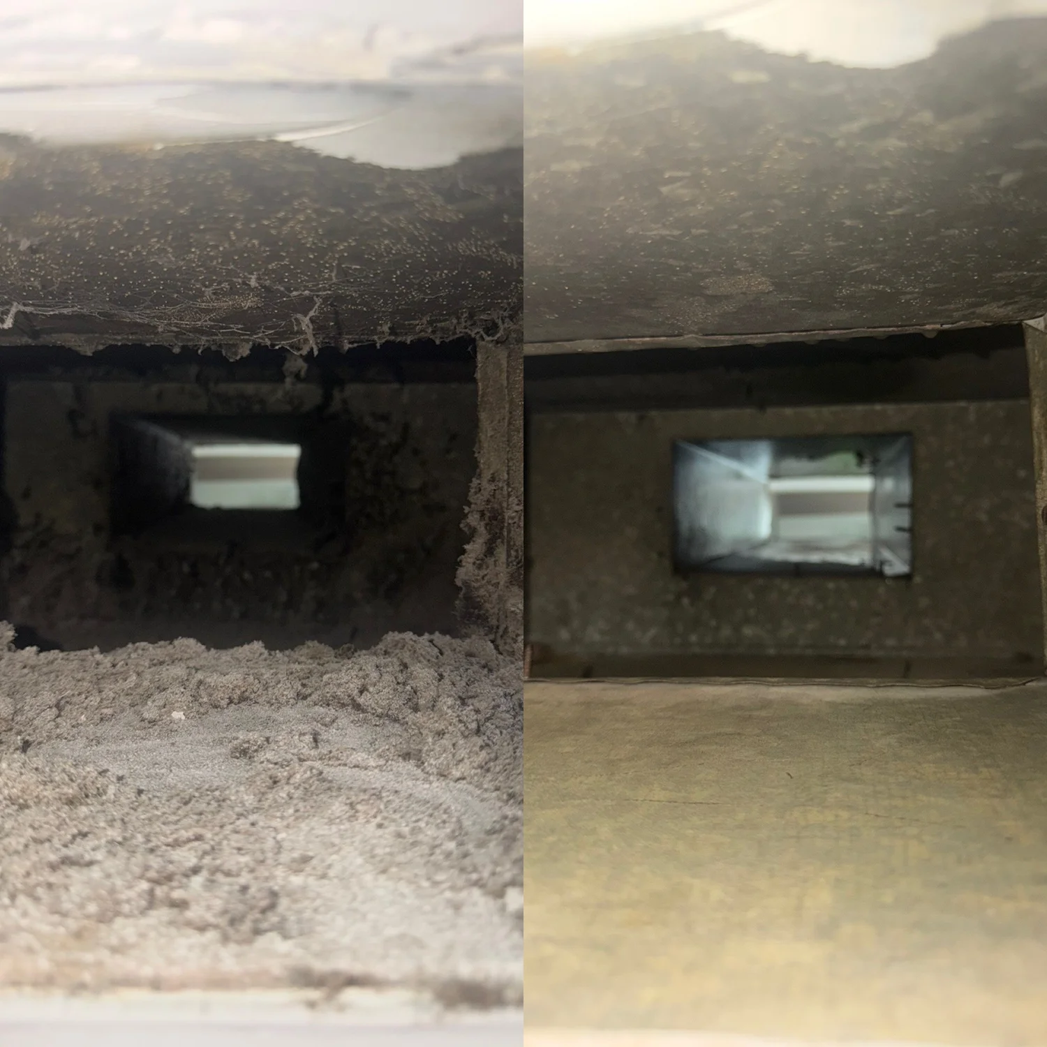 Dirty and cleaned residential air duct comparison by Air Duct Pros, Inc.