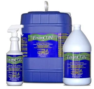 Three containers of EnviroCON cleaning products, including a spray bottle, a large jug, and a big storage container, all with blue and green labels.