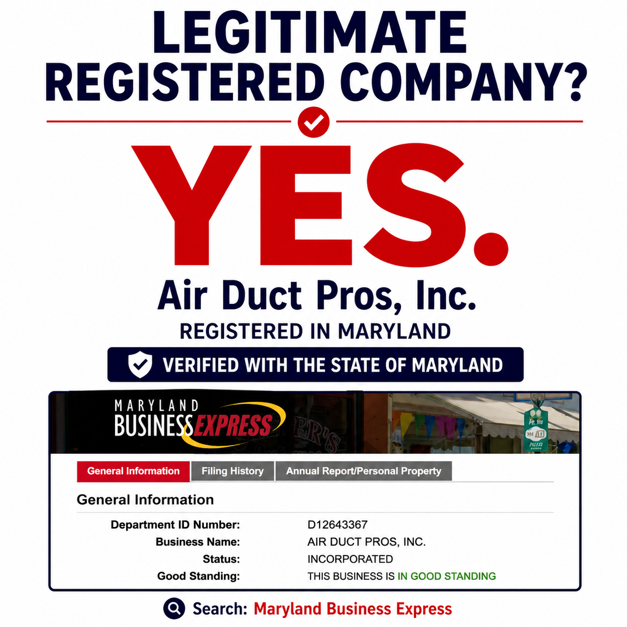 Screenshot of Maryland Business Express webpage displaying business information for Air Duct Pros Inc., including business name, department ID number, principal office address, resident agent, status, and good standing status.