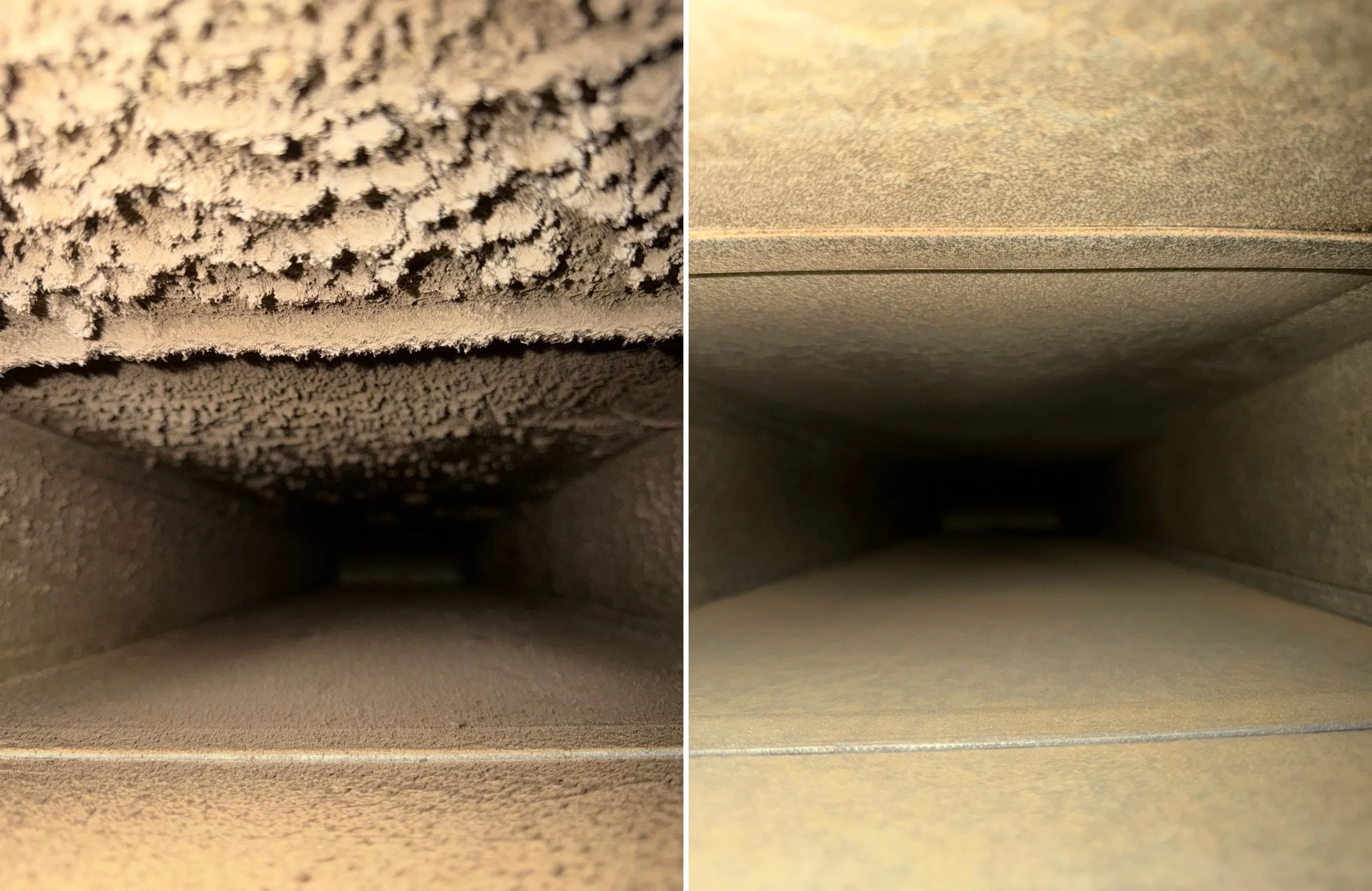 Years of dust buildup removed from a residential air duct. Real photos from an actual Air Duct Pros, Inc. job. Call today for a free quote!