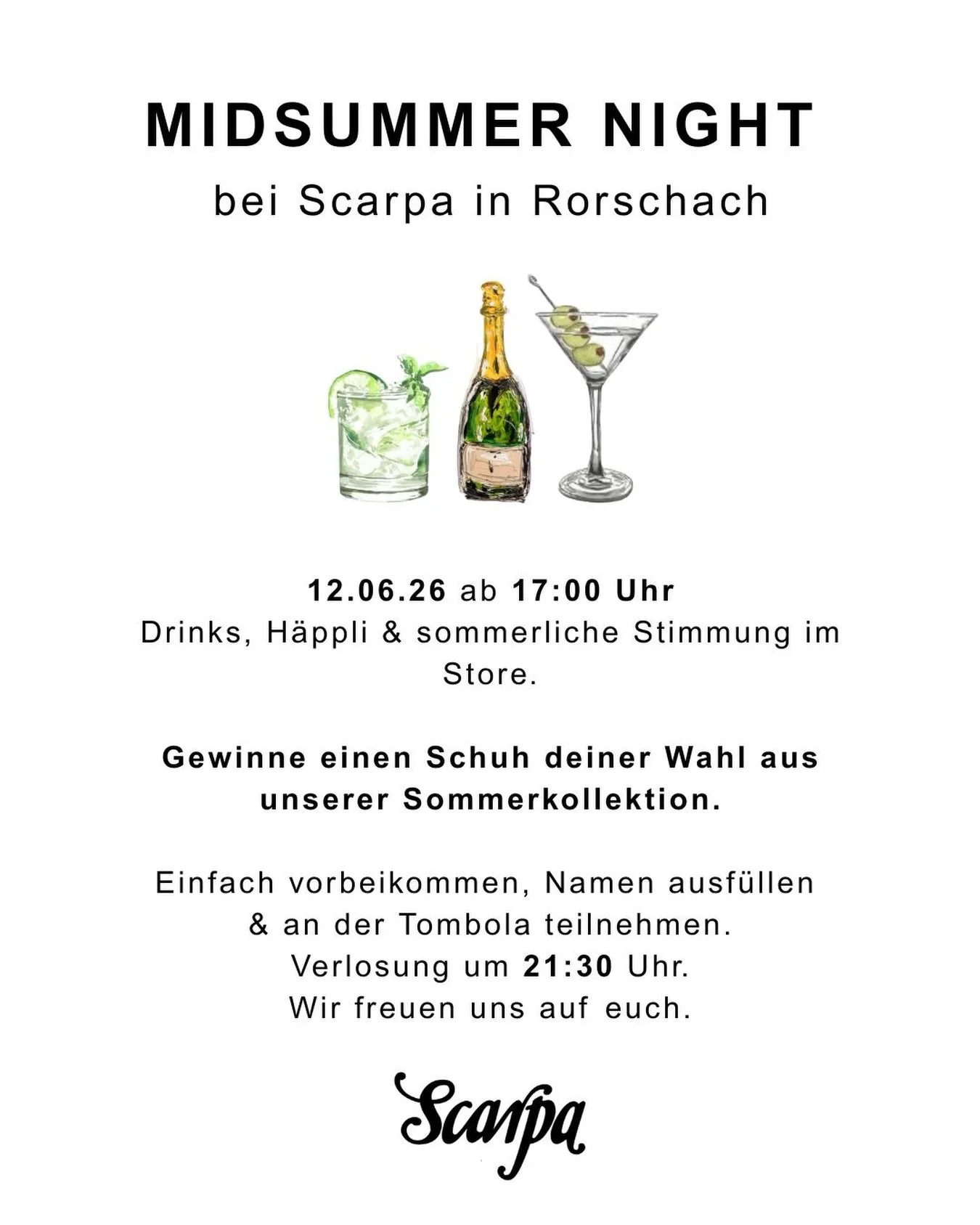 MIDSUMMER NIGHT bei Scarpa in Rorschach 🌻

Drinks, H&auml;ppli &amp; sommerliche Stimmung im Store. Am 12.06.26 ab 17:00 Uhr feiern wir gemeinsam den Sommer &ndash; inklusive Tombola mit der Chance, einen Schuh aus unserer Sommerkollektion zu gewinn