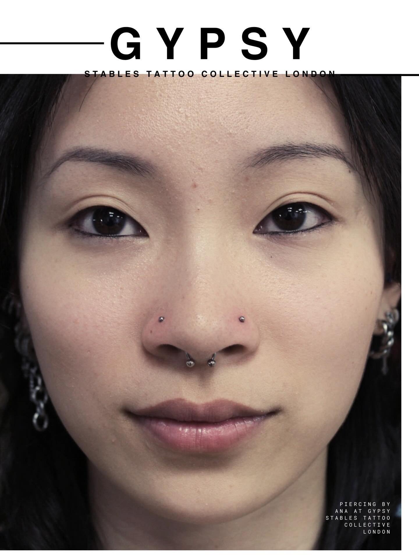 Absolutely beautiful paired nostril piercings (one healed one fresh) by @might_be_ana at our central London piercing studio | Faces@Gypsy 2026 | Walk-in appointments 7-days a week 12-8 or book your appointment via our website 

#doublenosepiercing #n