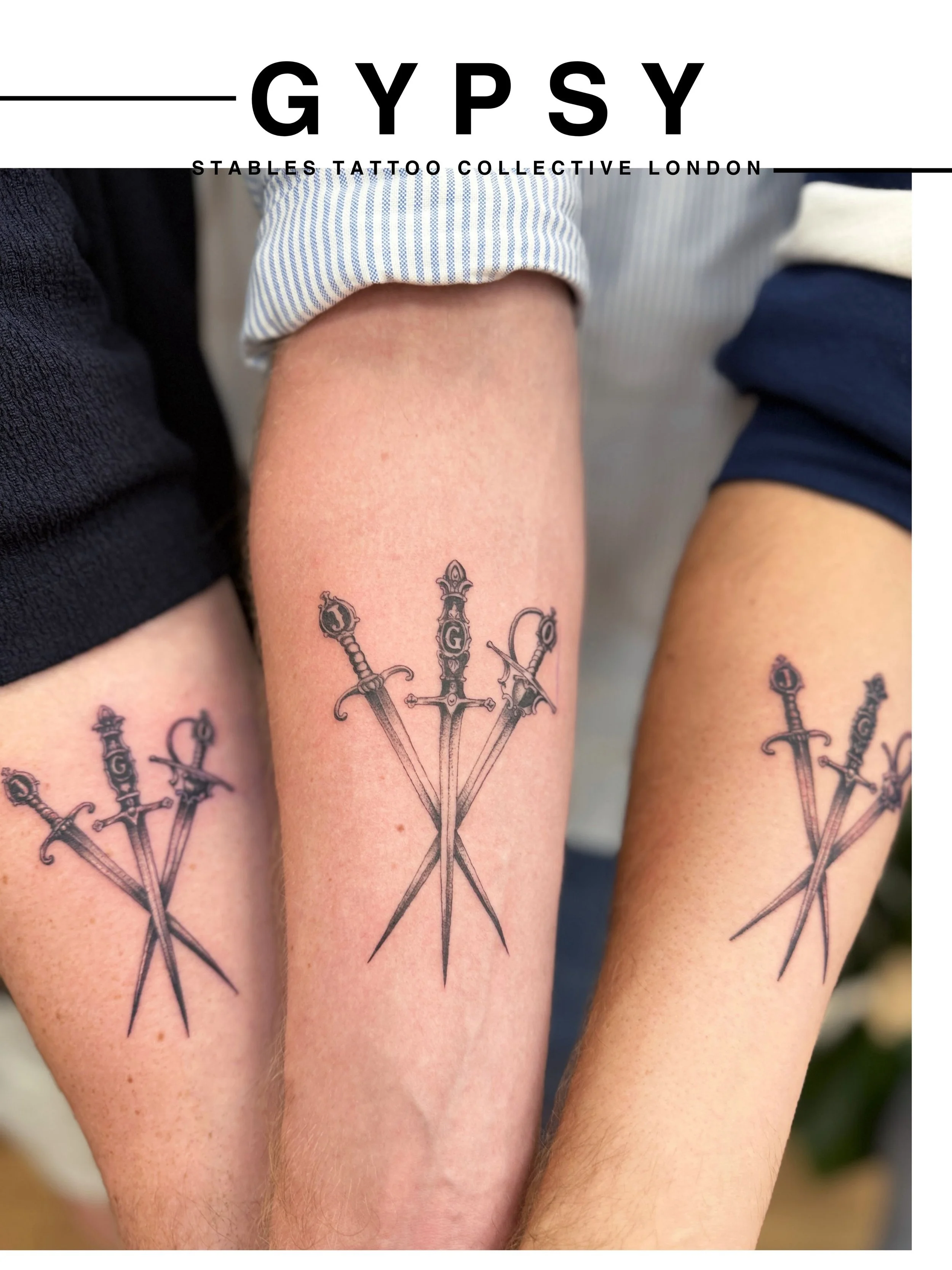 The Three Musketeers! Matching tattoos. Tattoos by @bruno_jardim_tattooer (middle tattoo) and @grahamogtattoos (outer two tattoos) 

Since 2011 | One of the top trusted places for tattoos and piercing in central London | Modern studio 5-minutes walk 