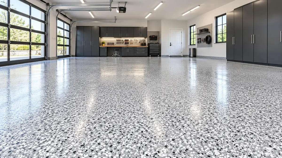 Gray epoxy flake flooring system with decorative chips
