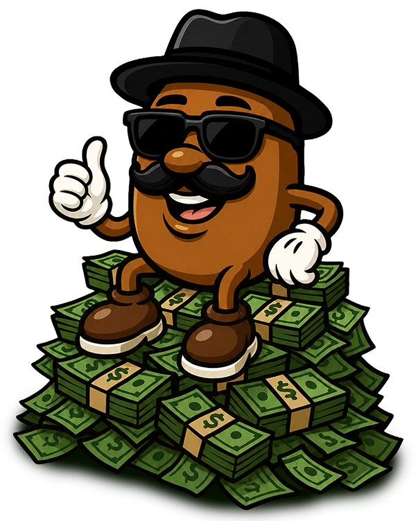 Bean character sitting on top of a pile of cash wearing sunglasses and a hat