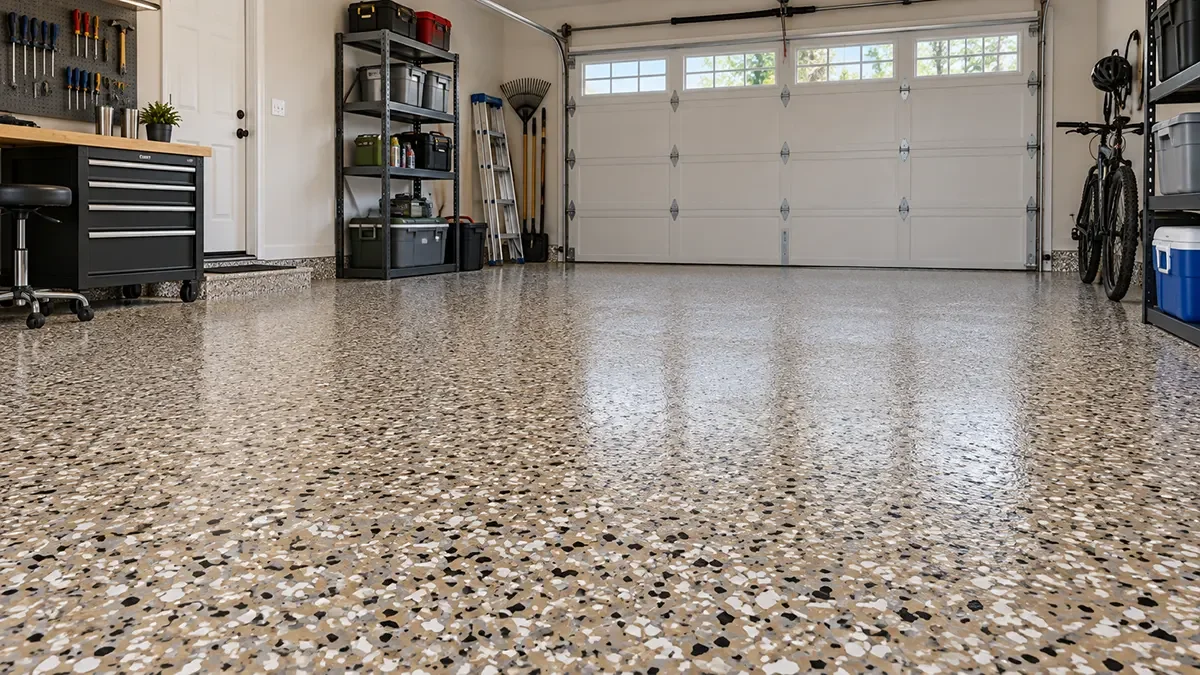 Decorative epoxy flake flooring with a durable seamless finish