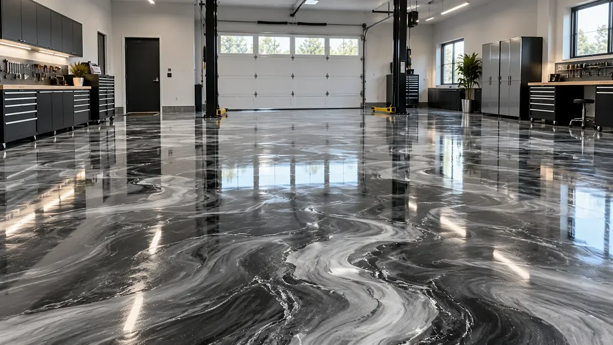 Metallic epoxy flooring with a glossy marbled finish