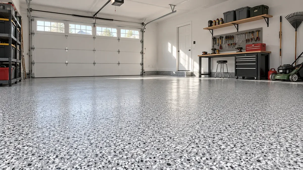 Epoxy flake flooring system with gray and white decorative flakes