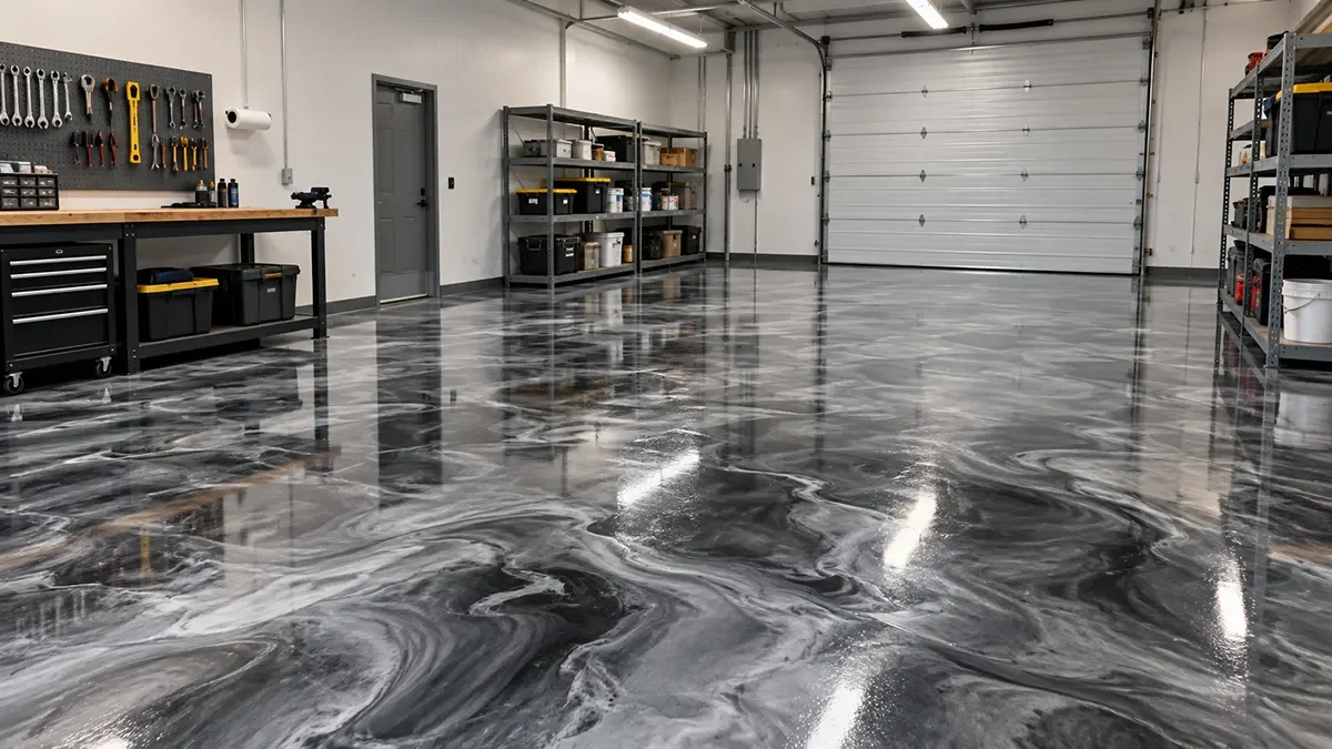 Metallic epoxy floor coating with a reflective marble-like finish