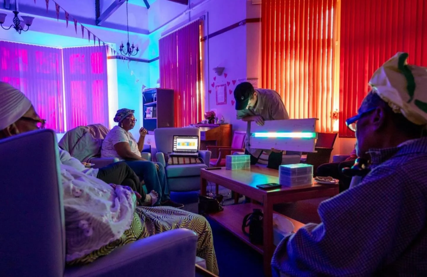 HOME FROM HOME, lighting workshop with Peter at retirement home, Southwick, London. They explored which colours made them feel like home, with each colour they told stories of their associations. 

Home from Home, community engagement and mural -Old 