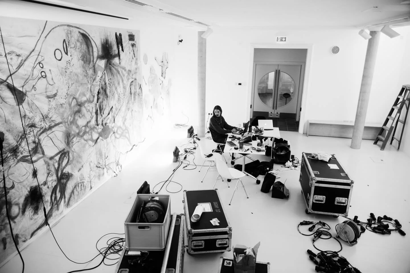 Flashback to Peter prepping for the Tate St Ives for In Colour in 2019. The chaos before the clean simple colour of the piece.
