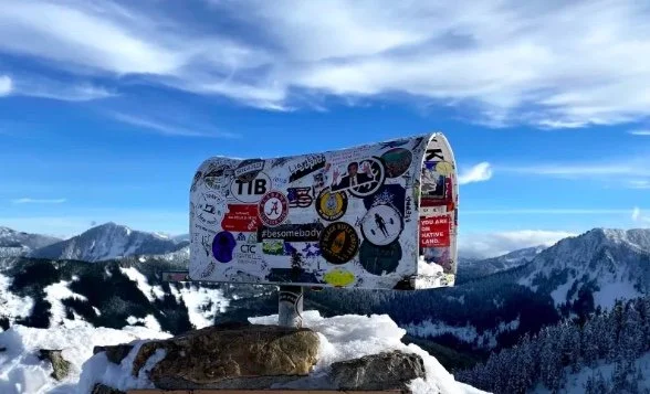 A wildlife mailbox covered in stickers sits on a mountain, with snowy mountain peaks and a partly cloudy blue sky in the background.