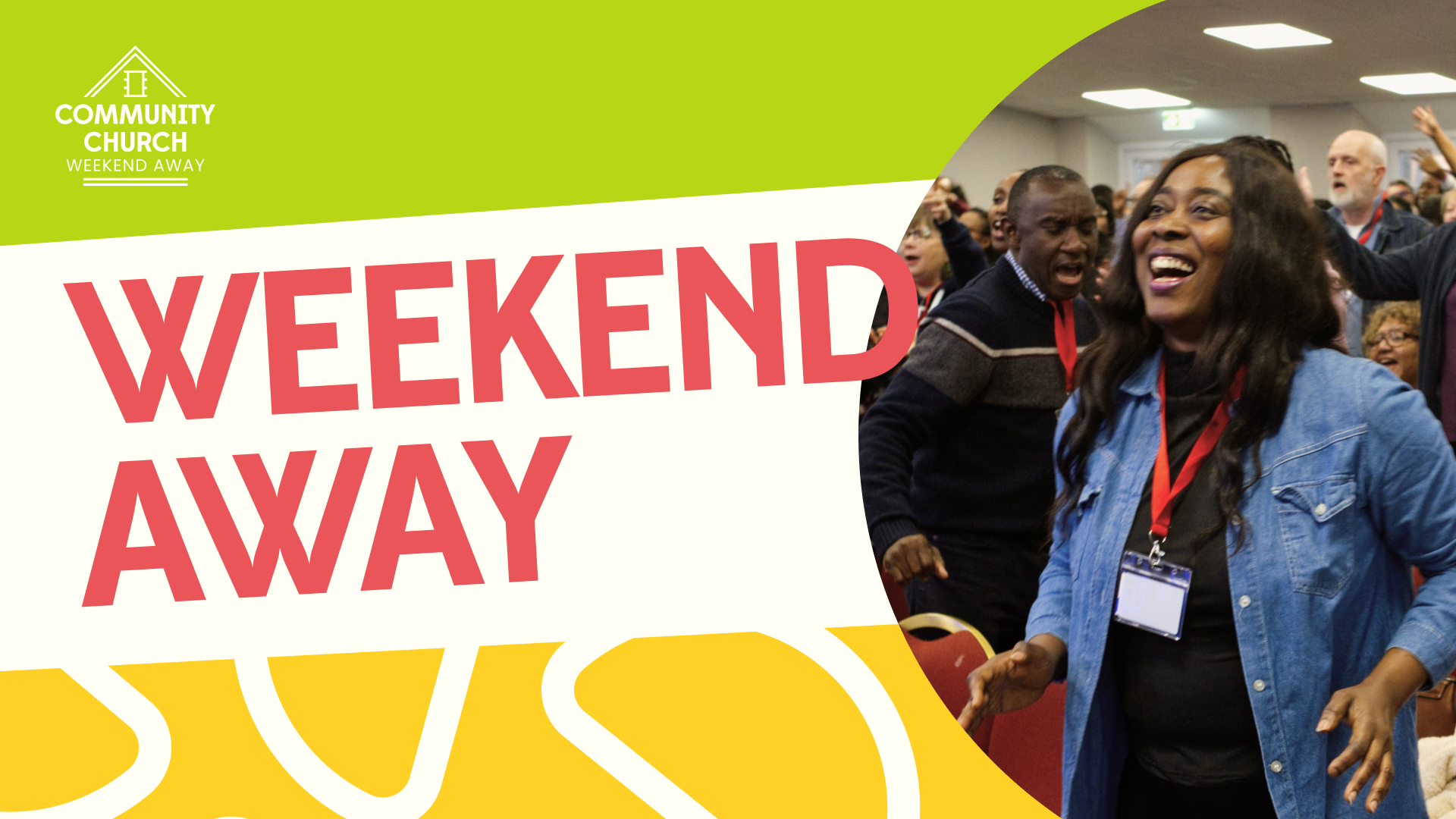 Text reading "Weekend Away" with colorful geometric shapes around it.