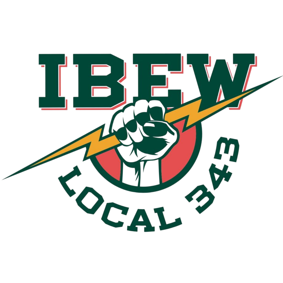 Logo with the words "TIBEW Local 43" in bold green letters, a clenched fist holding a lightning bolt, and the phrase "FOCAl 43" in a circular pattern.