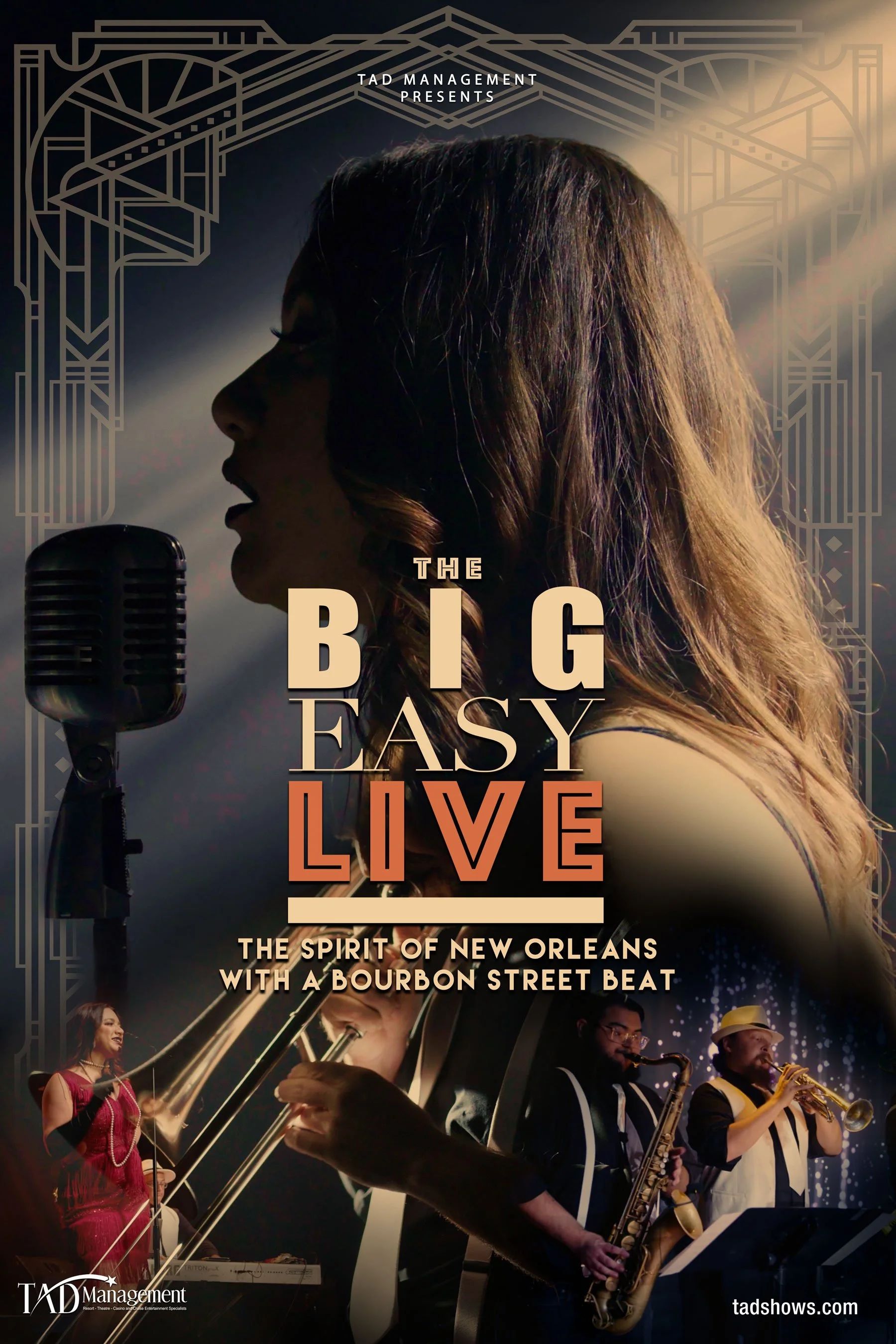Poster for a musical show titled "The Big Easy Live" featuring a woman singing into a vintage microphone, with a jazz band playing instruments in the background, and a decorative border referencing New Orleans culture.
