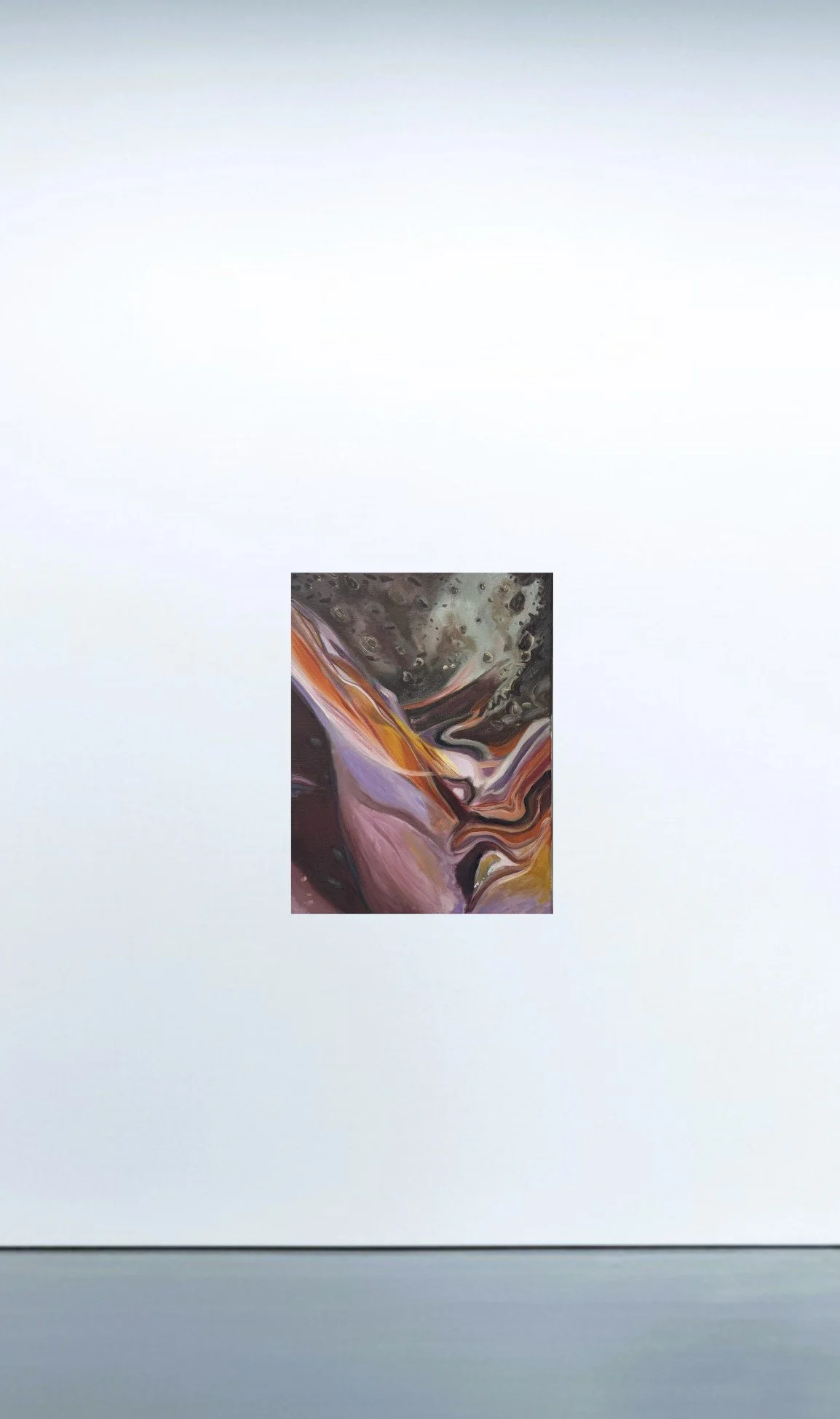 A small abstract painting with swirling colors of purple, black, white, and orange, mounted on a plain white wall.