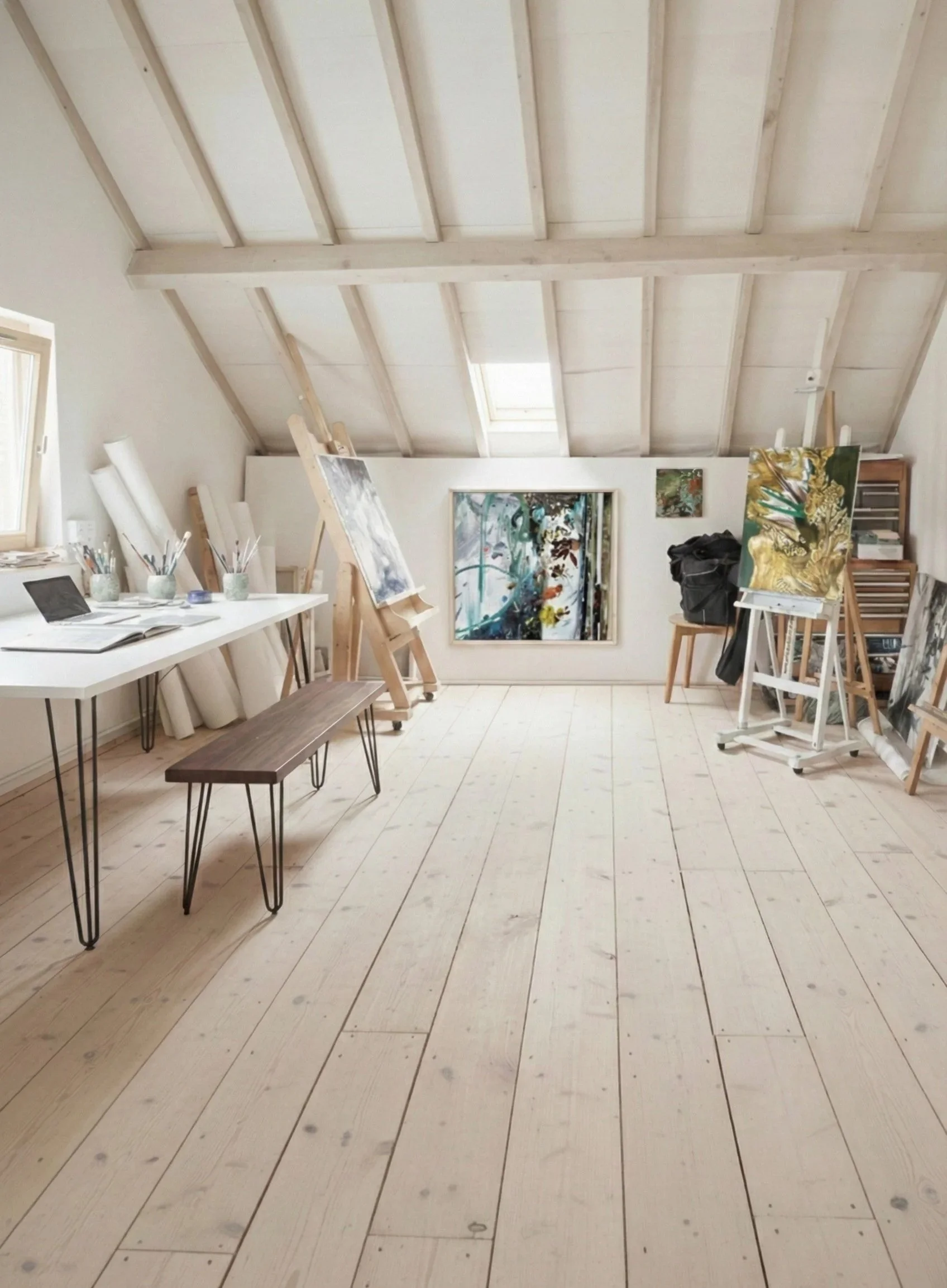 An art studio with paintings, easels, and art supplies in a bright room with a sloped ceiling and wooden floor.