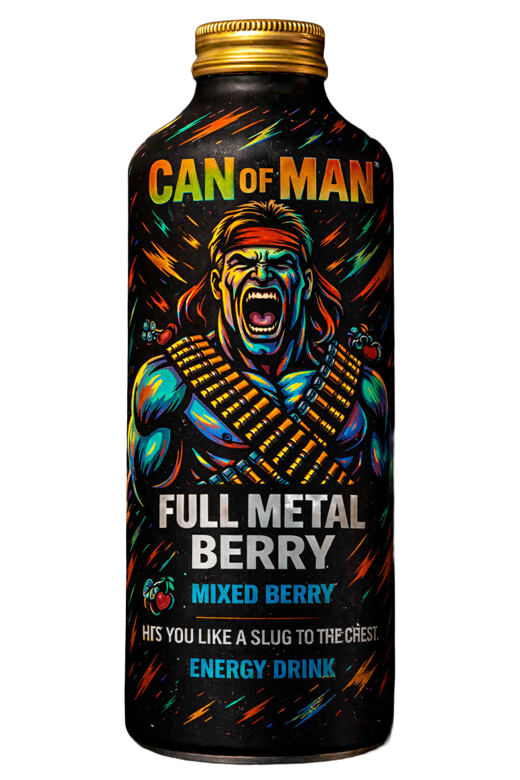 A black energy drink can featuring a colorful comic style illustration of a muscular warrior with long hair, wearing a headband and ammo belt, shouting aggressively. The label reads "CAN OF MAN" at the top, "FULL METAL BERRY" in the middle, and "MIXED BERRY" below, with additional text about the drink's effects.