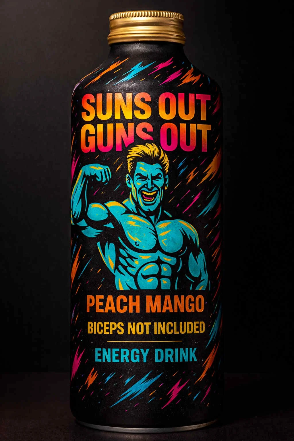 A black energy drink can with colorful lightning bolt designs. The can features a muscular cartoon man flexing his arm and smiling. Text on the can reads "Suns Out Guns Out," "Peach Mango," "Biceps Not Included," and "Energy Drink."