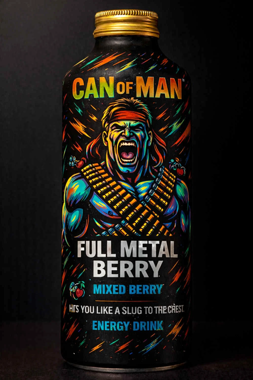 A black energy drink can with colorful artwork of an angry muscular man with long hair, a red bandana, and ammunition crossed over his shoulders. Text on the can reads 'CAN OF MAN,' 'FULL METAL BERRY,' 'MIXED BERRY,' 'HITS YOU LIKE A SLUG TO THE CHEST,' and 'ENERGY DRINK.'