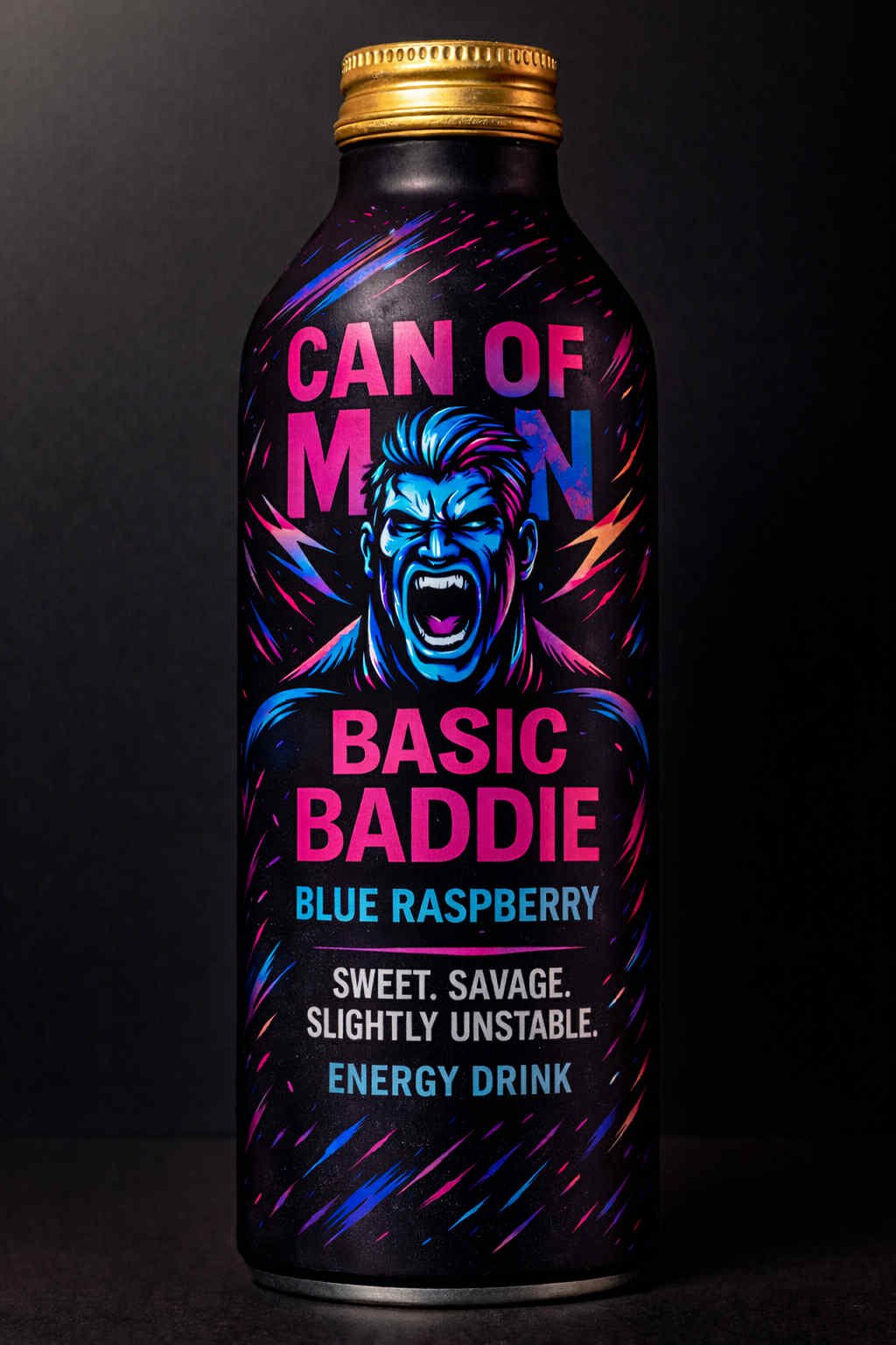 Colorful energy drink can labeled 'Can of Man Basic Baddie Blue Raspberry' with a graphic of a man shouting.