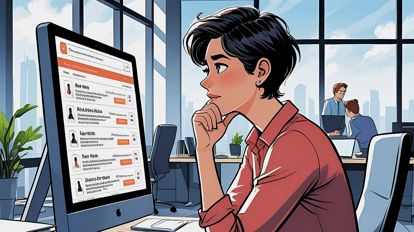 Ofis ortamında, bilgisayar monitörüne bakarken düşünceli bir kadın. Arka planda diğer çalışanlar ve büyük pencerelerle şehir manzarası görünmekte.