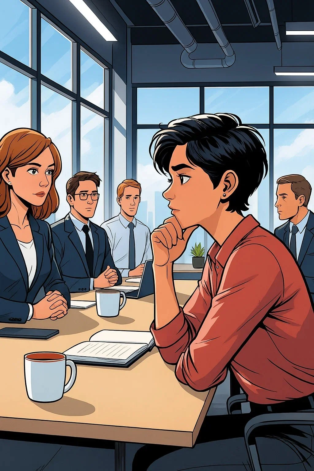 Bir toplantı odasında, beş kişi toplantıya katılıyor. ciddi ve dikkatli görünüyor. Kadın mavi takım elbise giymiş, erkekler ise gömlek ve kravat takıyor. Masada birkaç kahve kupası ve açık bir dosya var. Arka planda büyük cam pencerelerden gökyüzü ve şehir manzarası görünüyor.