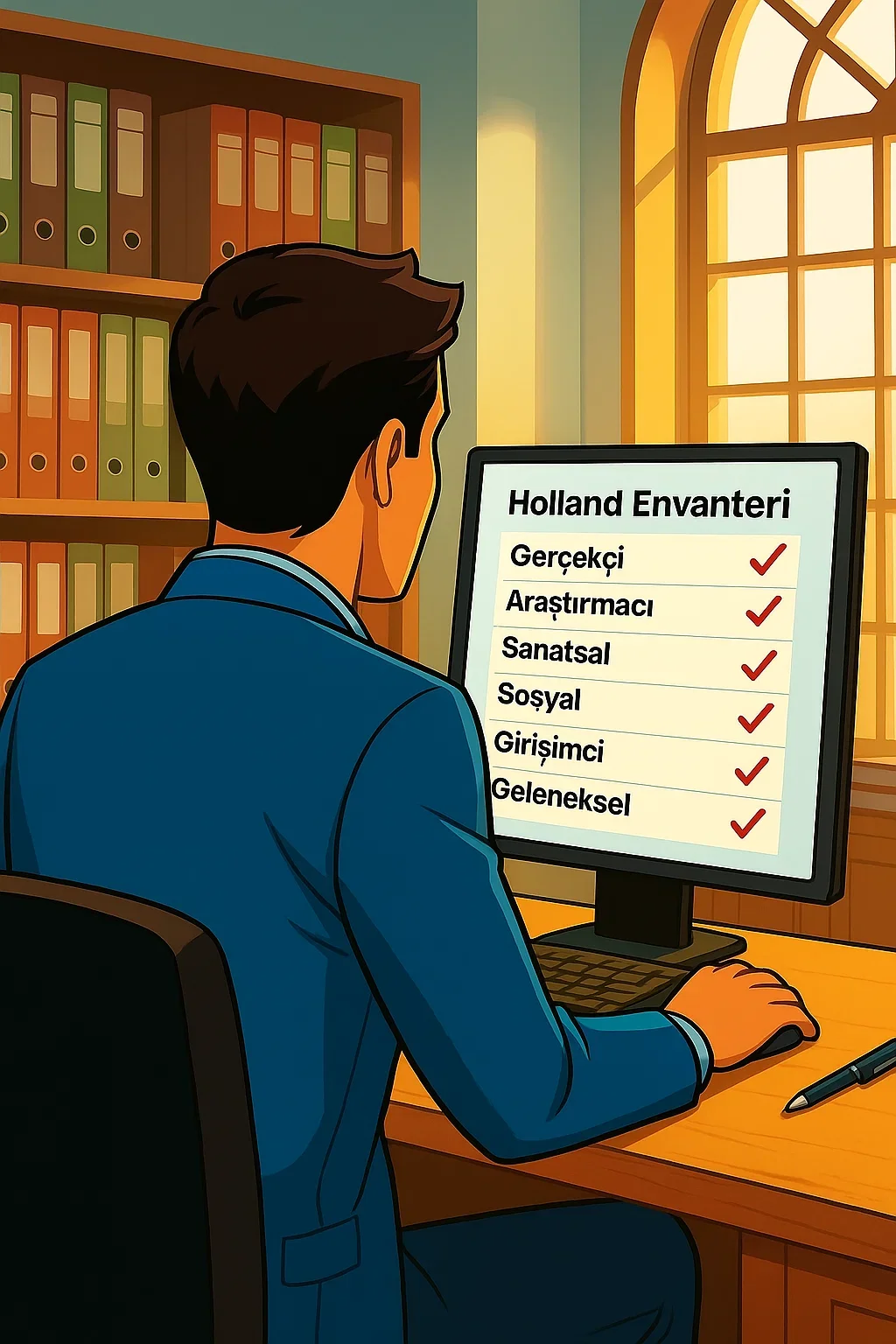 Bir adam bir bilgisayarda envanterleri inceliyor. Ekranda 'Gerçekçi', 'Araştırmacı', 'Sanatsal', 'Sosyal', 'Girişimci' ve 'Geleneksel' seçenekleri ve hepsinde kırmızı onay işareti var.