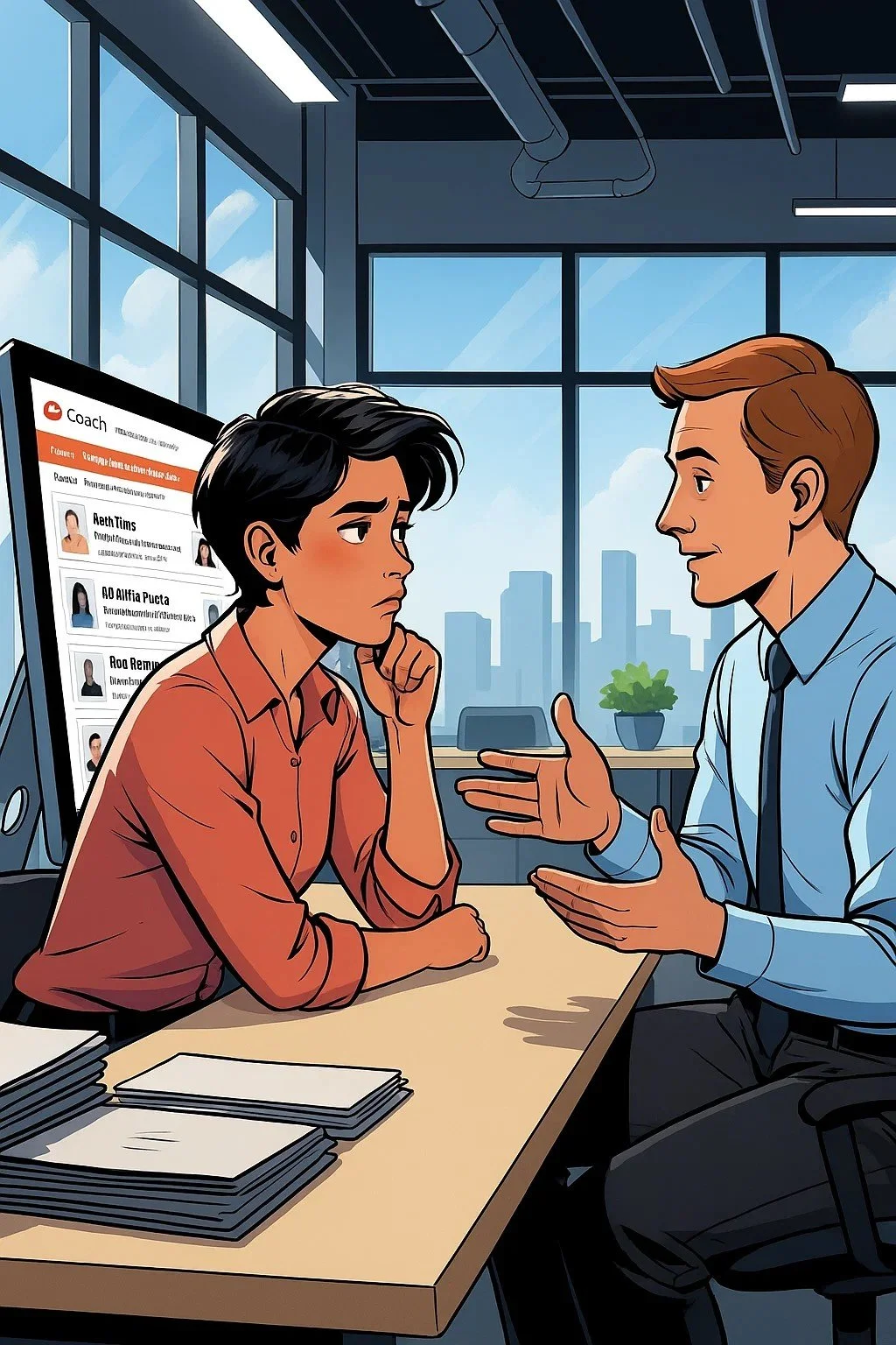 İki çalışan, ofis ortamında, biri diğerine anlatıyor. Arka planda büyük pencereden şehir manzarası ve bilgisayar ekranında iş ile ilgili bilgiler görünmekte.