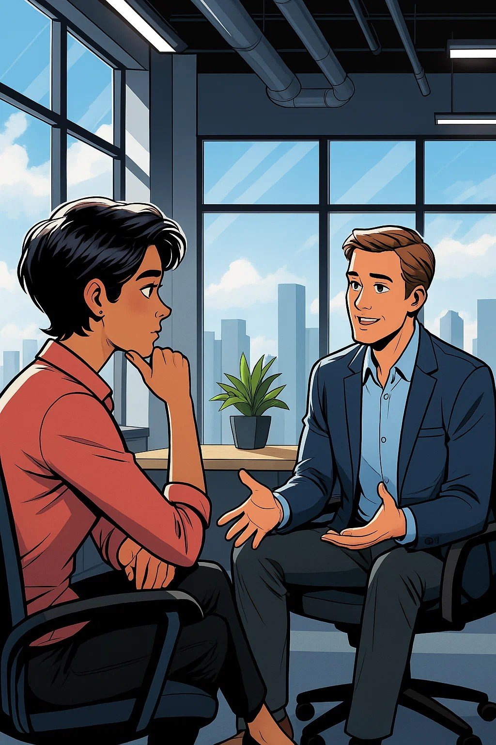 Ofis ortamında iki kişinin görüşmesi. Kadın, düşünceli şekilde dinlerken, erkek anlatıyor. Arka planda büyük camlar ve şehir manzarası, içerisinde bir bitki var.