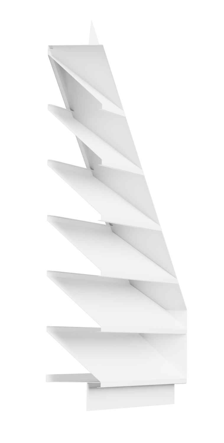 Modern white sculptural staircase with zigzag design on a black background.