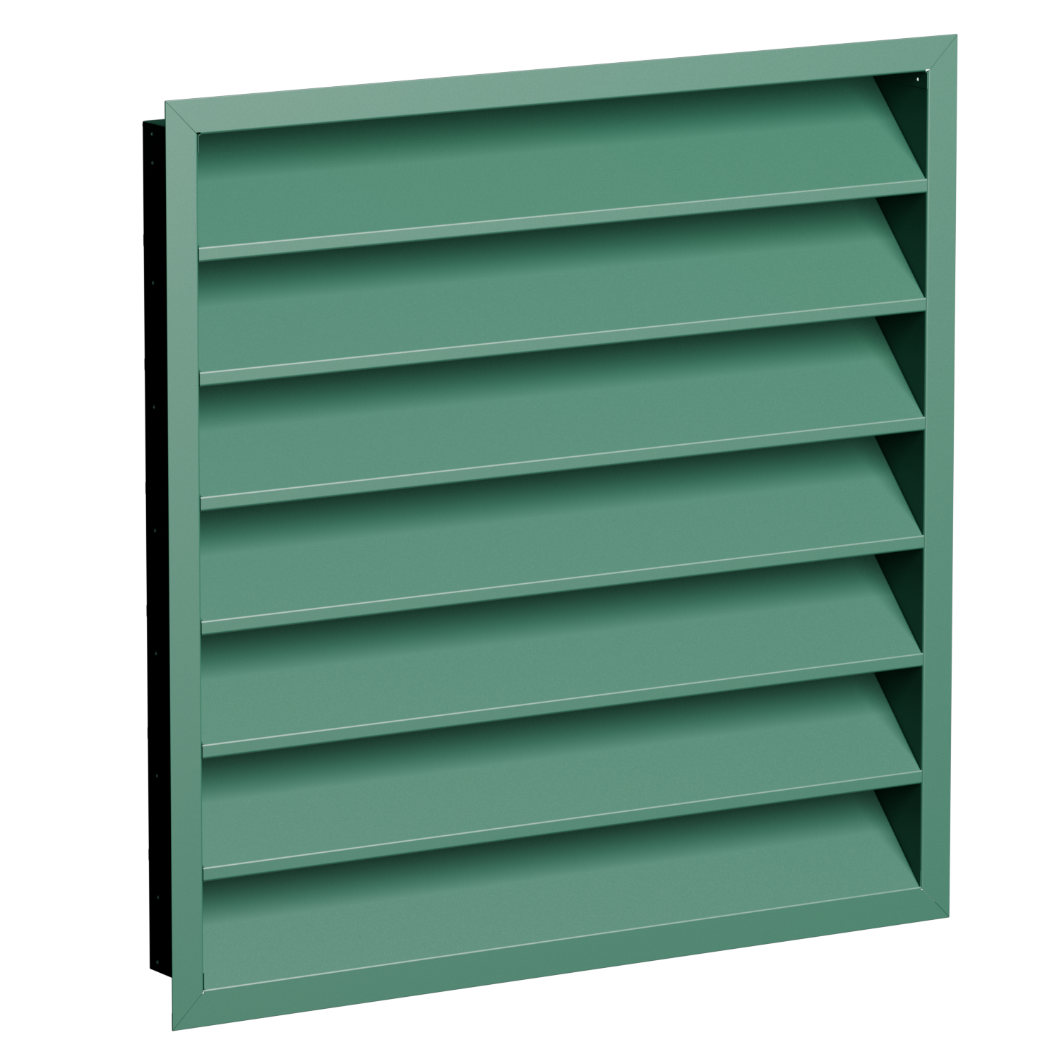 A green metal bookcase with multiple empty shelves, positioned against a black background.