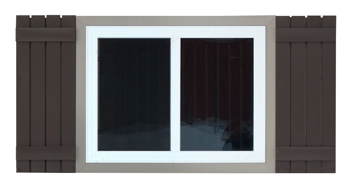 A white-framed sliding window with dark blinds, mounted on a wall with brown panel siding.