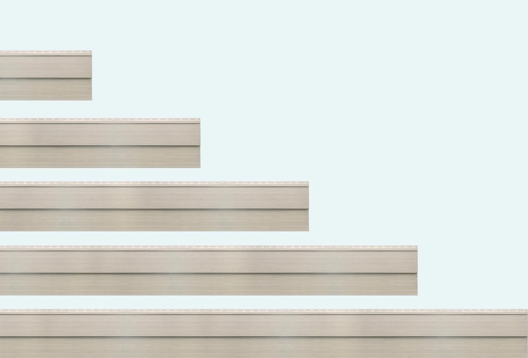 Multiple horizontal metal or plastic panels arranged in descending order against a plain light blue background.